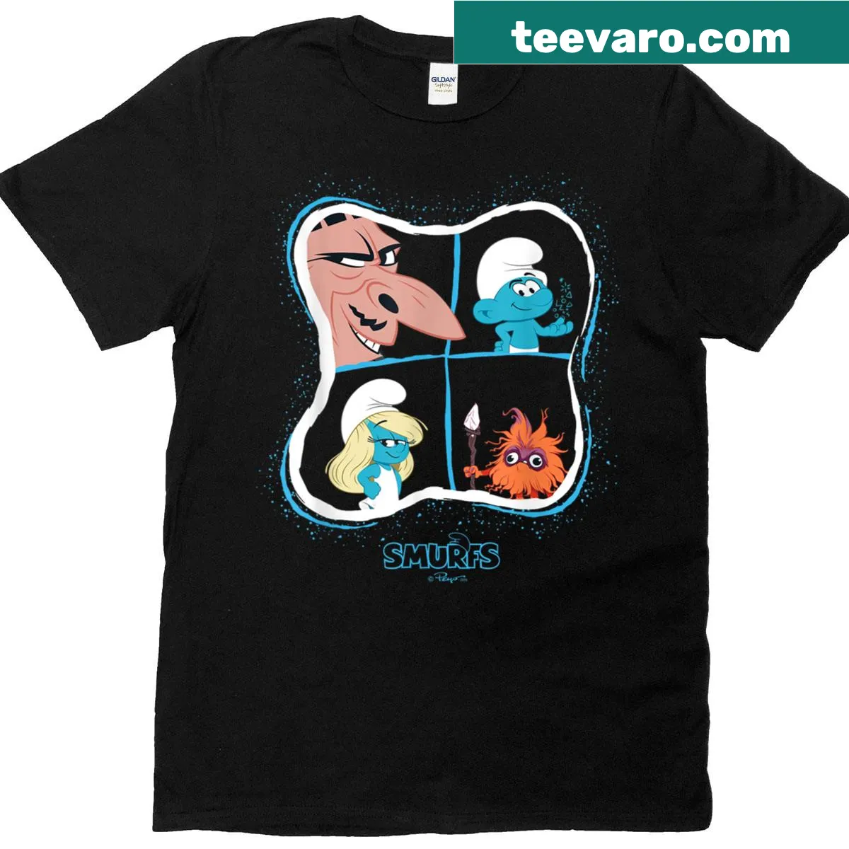 Cartoon character grid featuring various Smurfs from the movie — on a men's t-shirt