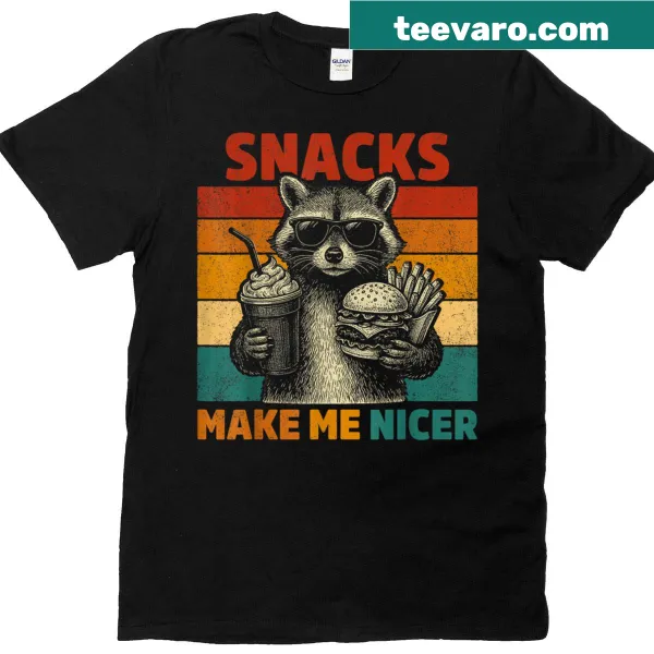 Funny raccoon graphic T-shirt with the phrase 'Snacks Make Me Nicer'