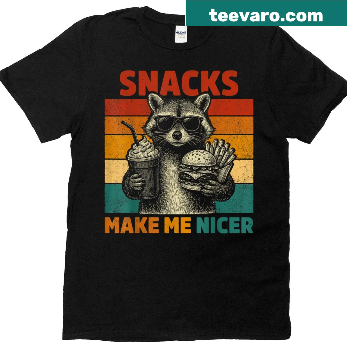 Funny raccoon graphic T-shirt with the phrase 'Snacks Make Me Nicer' — on a men's t-shirt