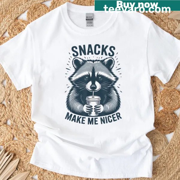 Funny raccoon T-shirt with the phrase about snacks
