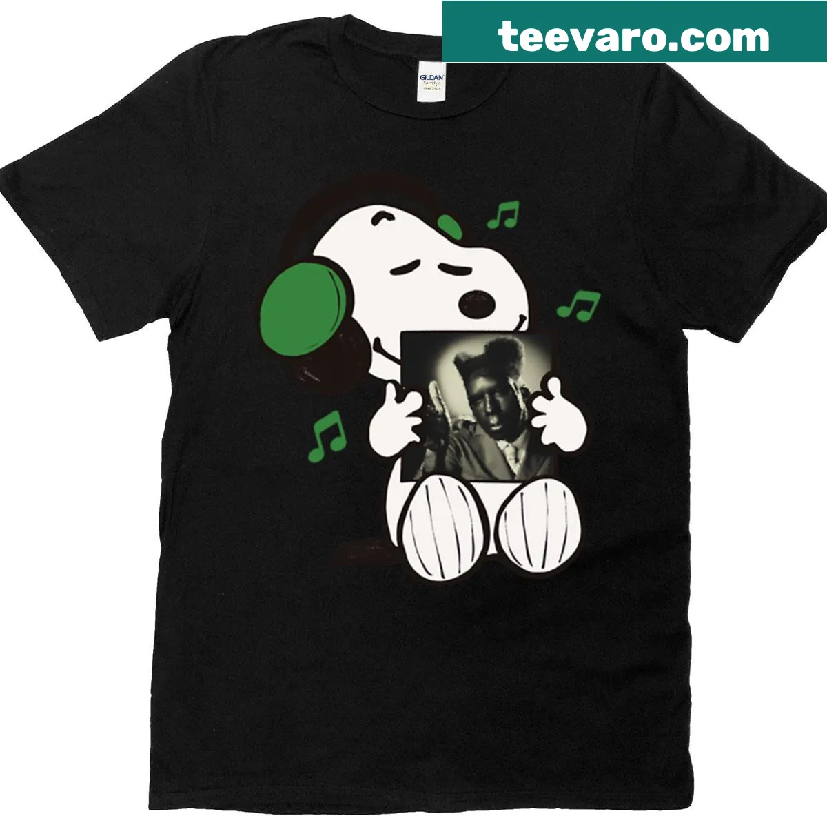 Minimalist line-art t-shirt featuring Snoop listening to music — on a men's t-shirt
