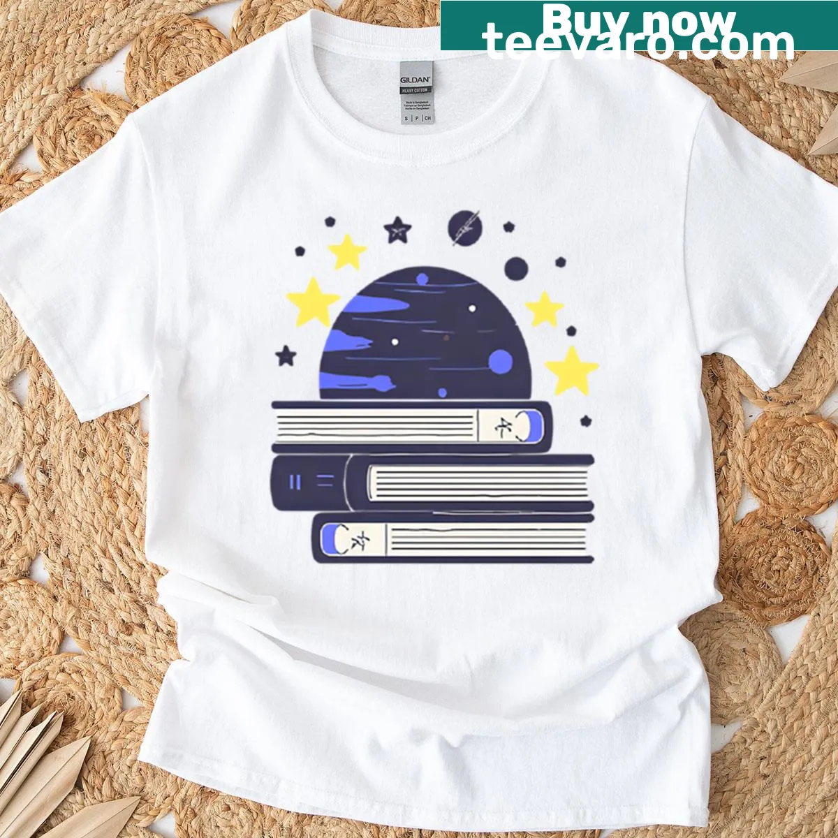 T-shirt with whimsical illustrations of space-themed books — on a men's t-shirt