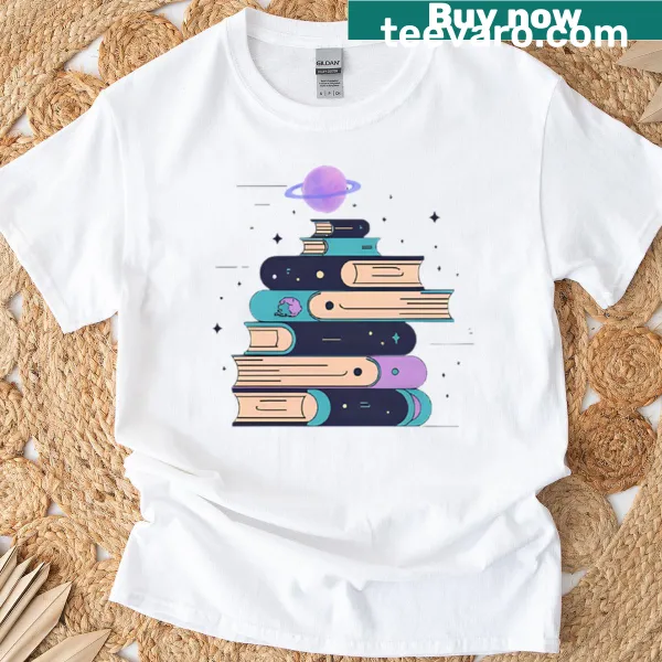 Galaxy-themed t-shirt with a serene reading nook illustration
