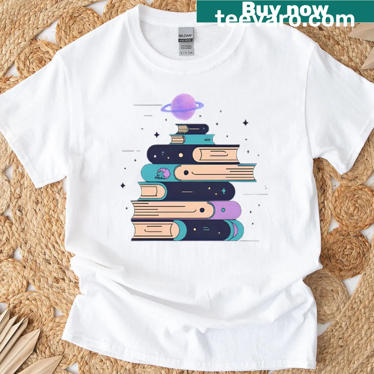 Galaxy-themed t-shirt with a serene reading nook illustration — on a men's t-shirt