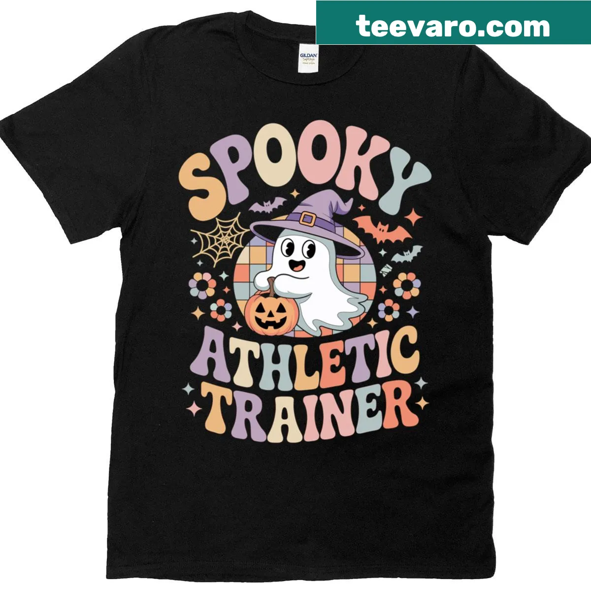 Cute ghost floating above a pumpkin graphic on Halloween coach t-shirt — on a men's t-shirt