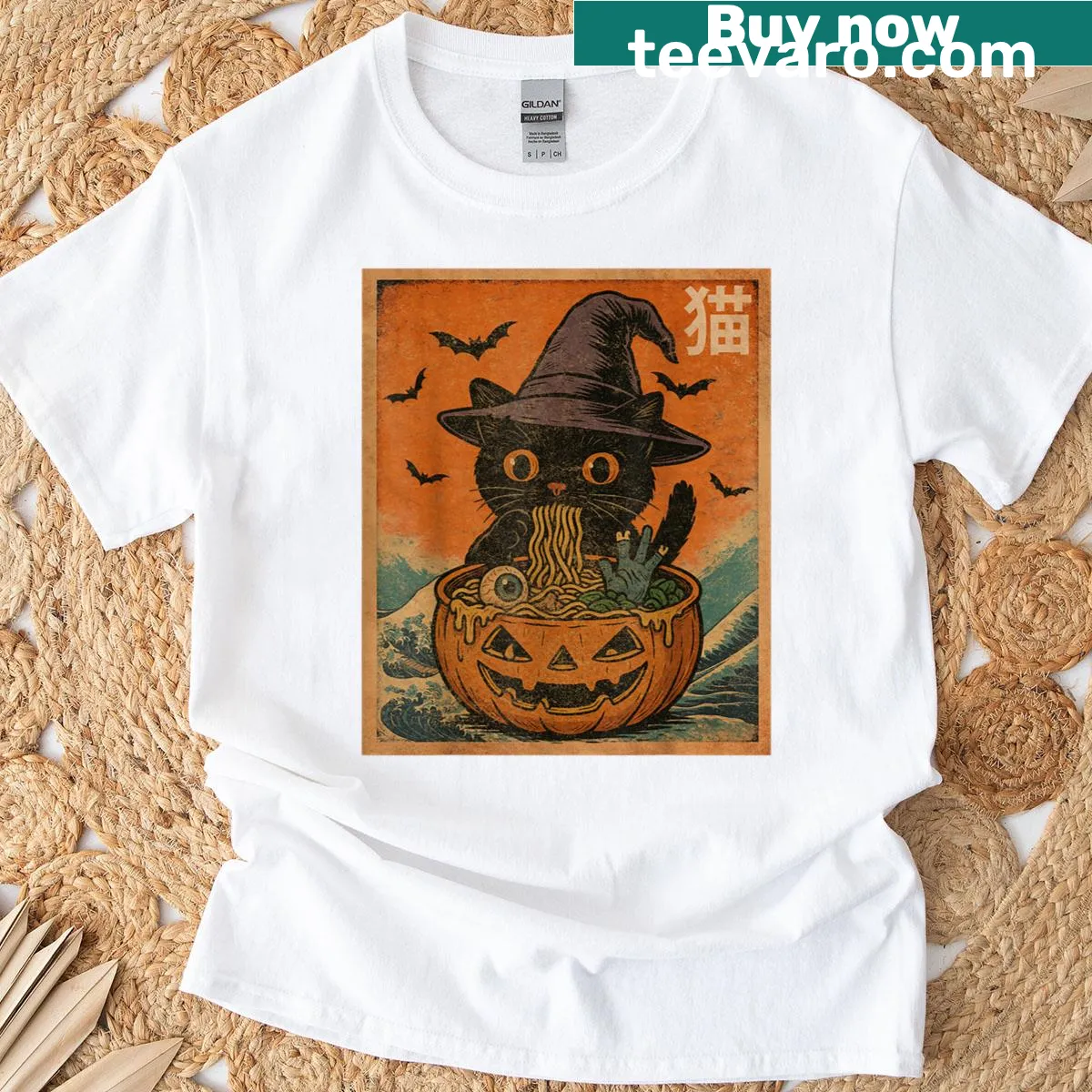 Illustrated T-shirt featuring a black cat eating ramen — on a men's t-shirt