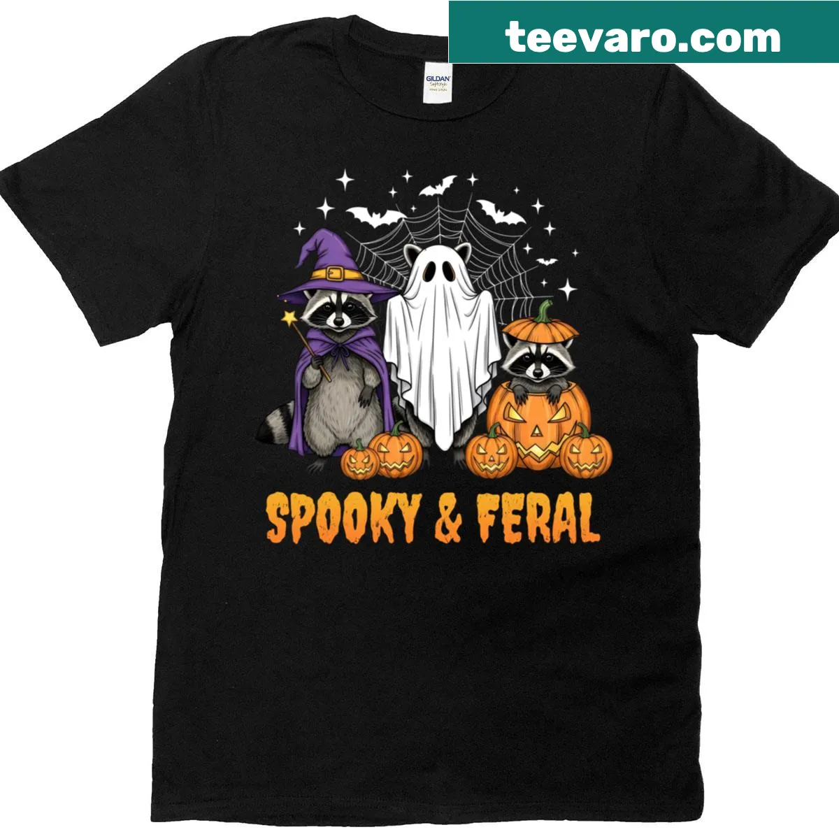 Cartoon raccoon witch T-shirt with Halloween theme — on a men's t-shirt