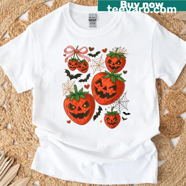 Cartoon ghost dressed as a strawberry for Halloween T-shirt.