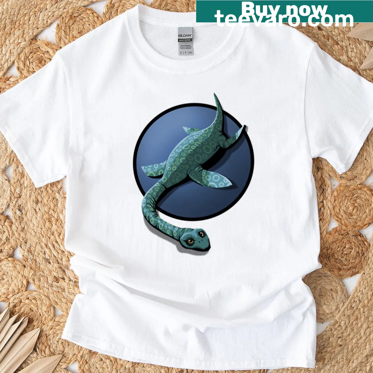 Cartoon Elasmosaurus T-shirt with a whimsical squiggly design — on a men's t-shirt
