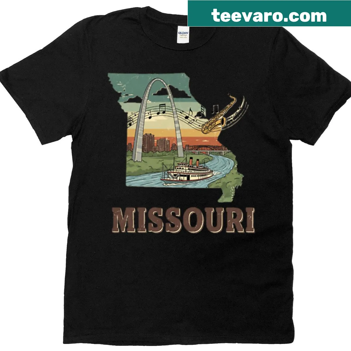 Missouri outline with landmarks printed on a casual t-shirt — on a men's t-shirt
