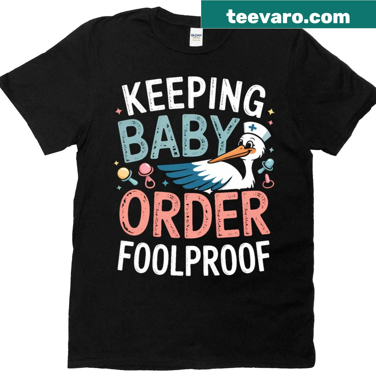 Cartoon stork with baby and humorous slogan on nurse t-shirt — on a men's t-shirt