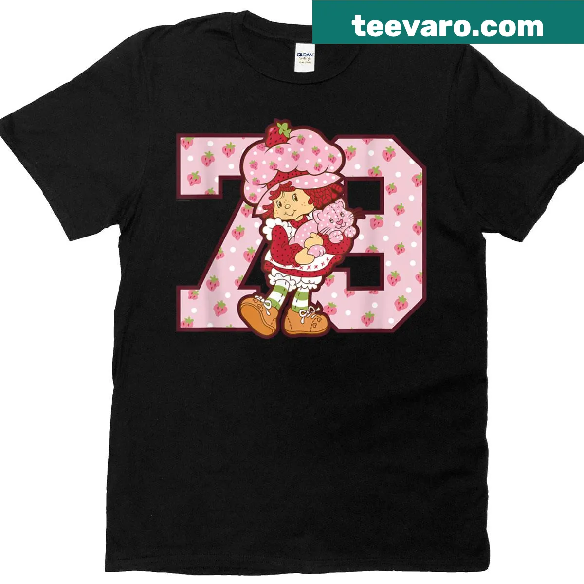 Vintage cartoon Strawberry Shortcake with collegiate theme design — on a men's t-shirt