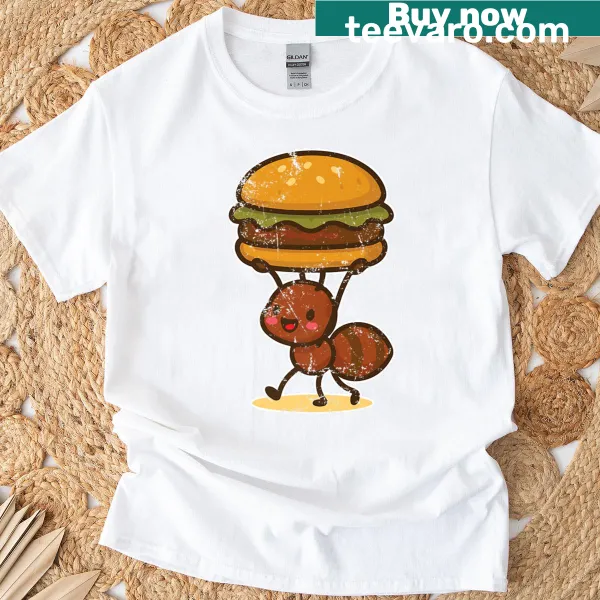 Cartoon graphic of a strong ant with a burger