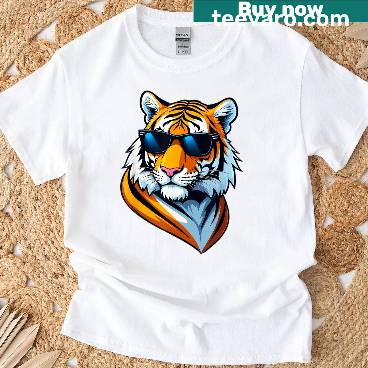 Cartoon tiger head wearing sunglasses in a fun design — on a men's t-shirt