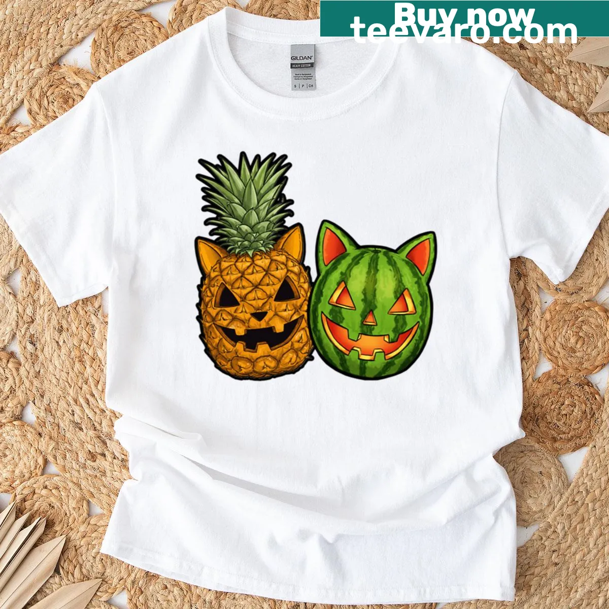 Cat dressed as jack-o'-lantern design on a T-shirt — on a men's t-shirt