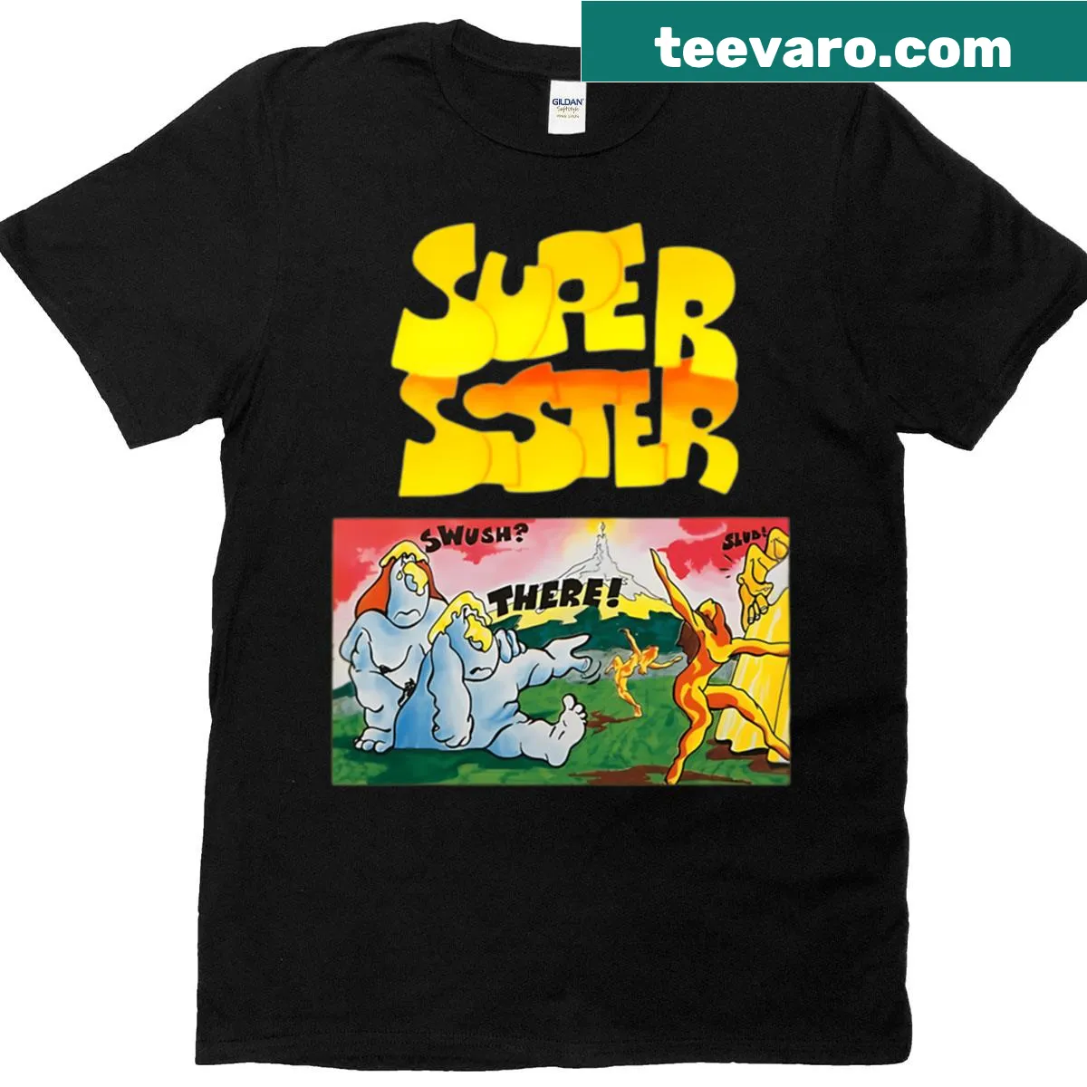 Graphic T-shirt featuring Supersisters album design — on a men's t-shirt