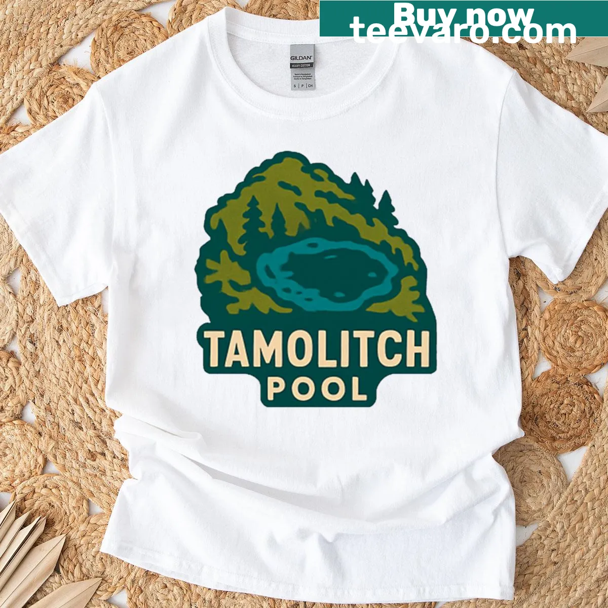Vintage-style graphic of Tamolitch Blue Pool on a T-shirt — on a men's t-shirt