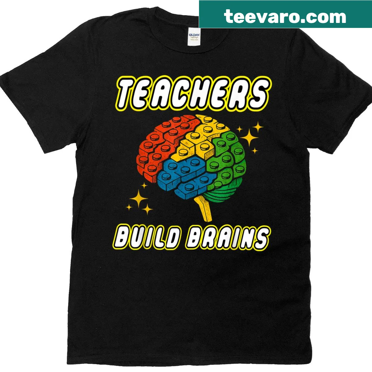 Typographic T-shirt proclaiming Teachers Build Brains with brick design — on a men's t-shirt