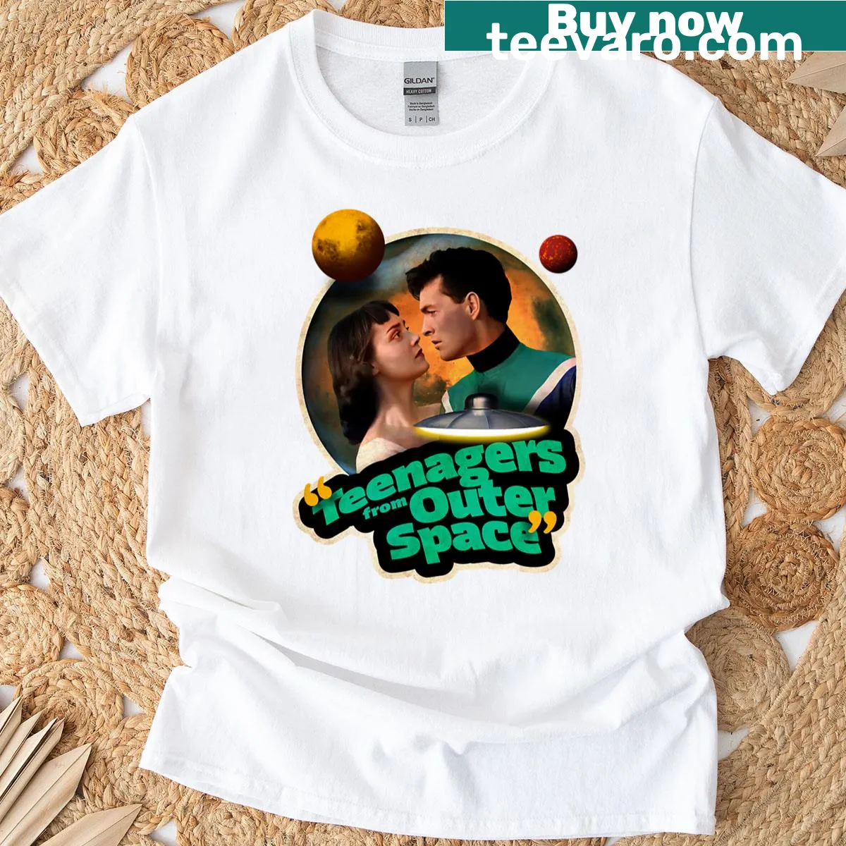 Retro graphic of 'Teenagers From Outer Space' on a t-shirt — on a men's t-shirt