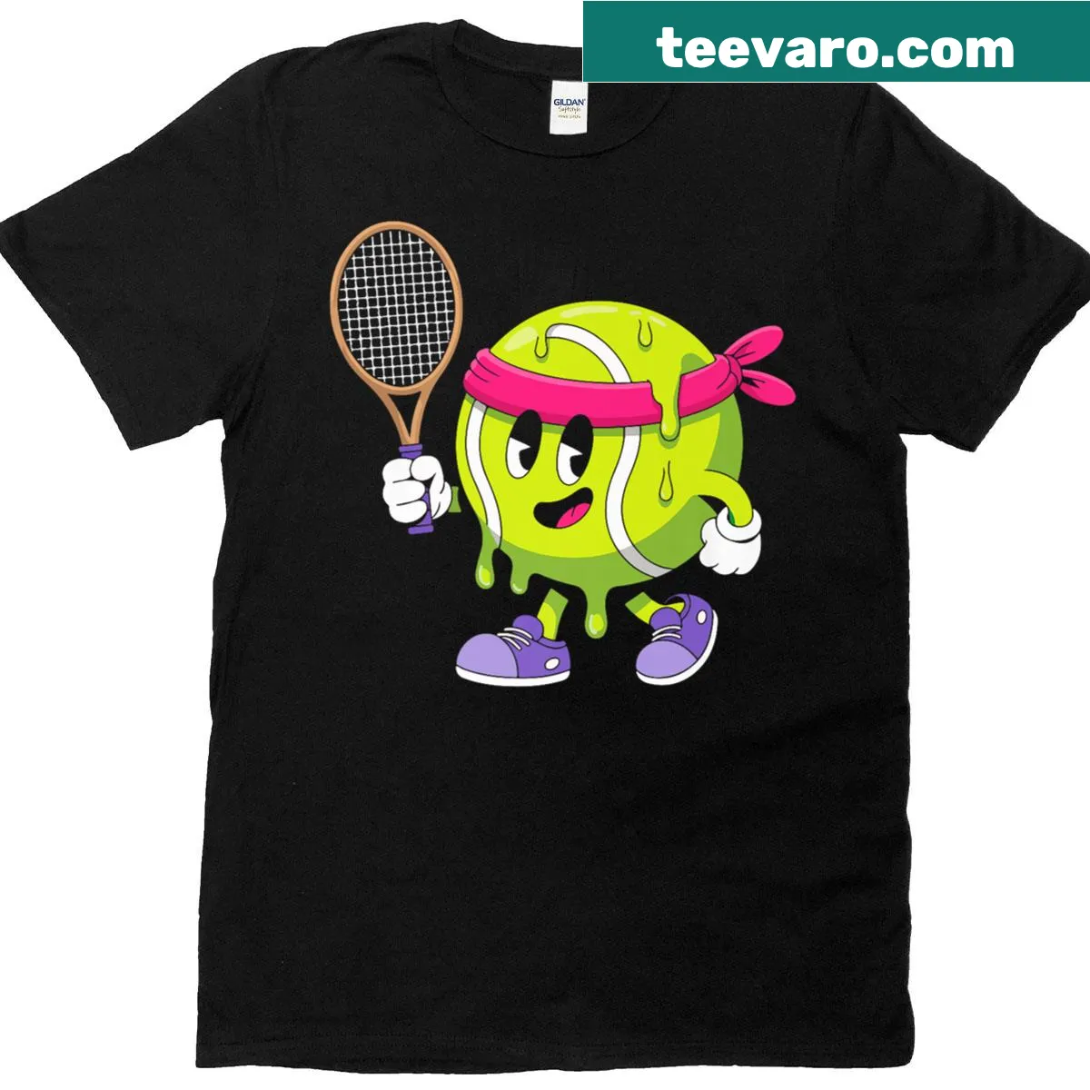 Cartoon tennis ball and racket graphic on a t-shirt — on a men's t-shirt