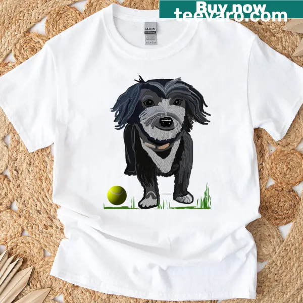 Illustration of a terrier dog playing with tennis balls on a t-shirt