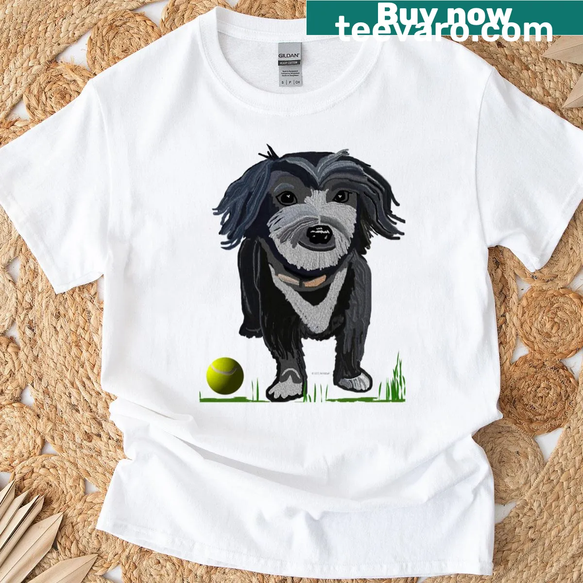 Illustration of a terrier dog playing with tennis balls on a t-shirt — on a men's t-shirt