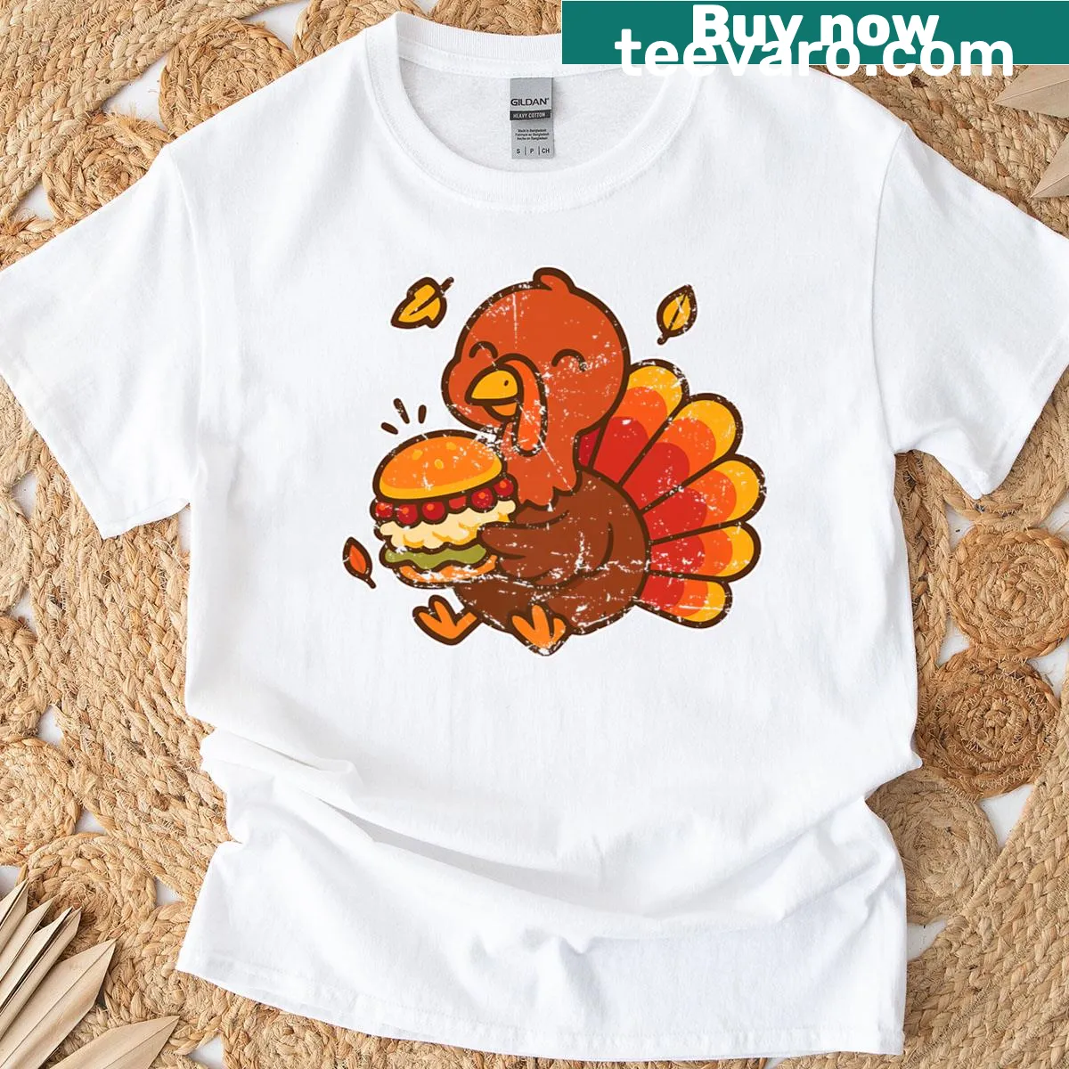 Cartoon turkey dressed as a burger on a t-shirt — on a men's t-shirt