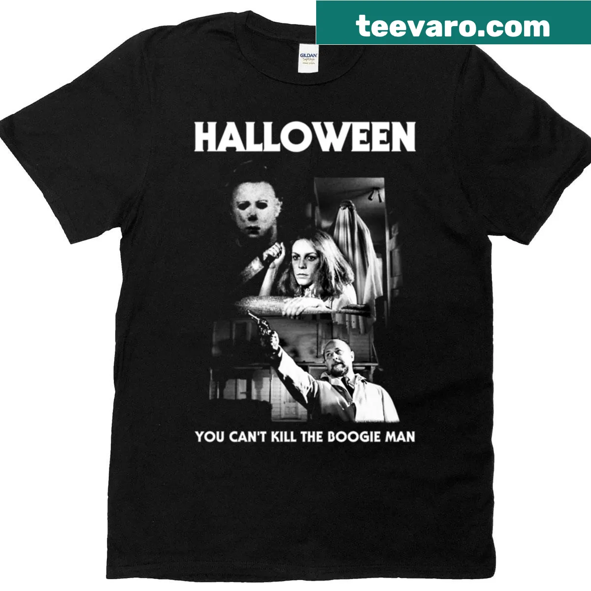 Horror-themed T-shirt featuring an illustration of the Boogie Man. — on a men's t-shirt