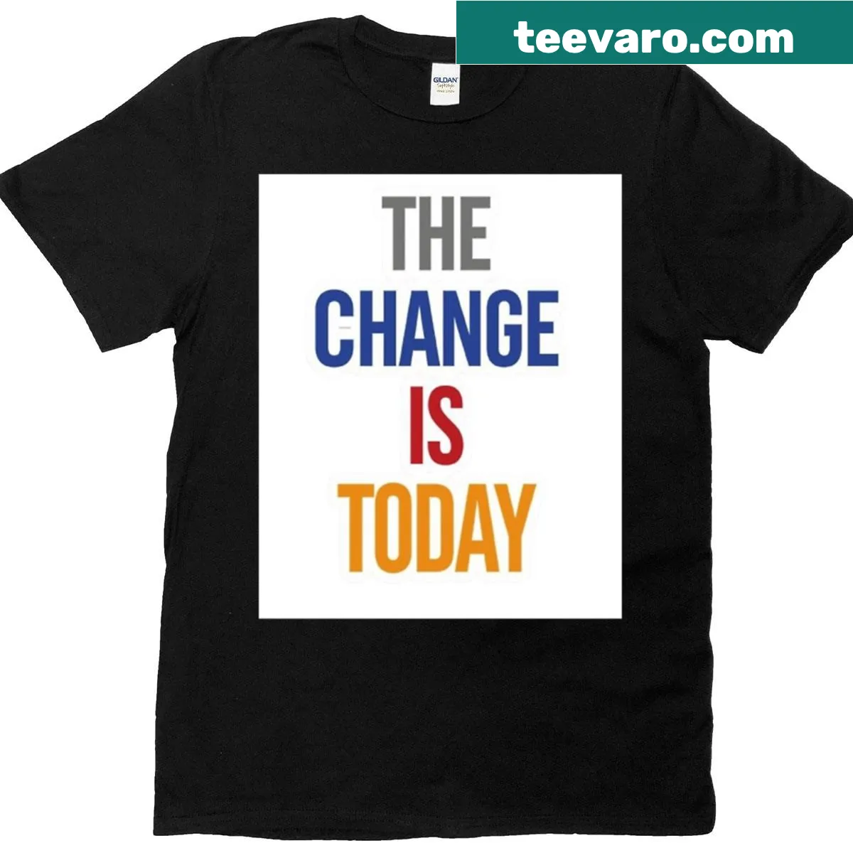 Inspirational typography t-shirt that states 'The Change Is Today' — on a men's t-shirt