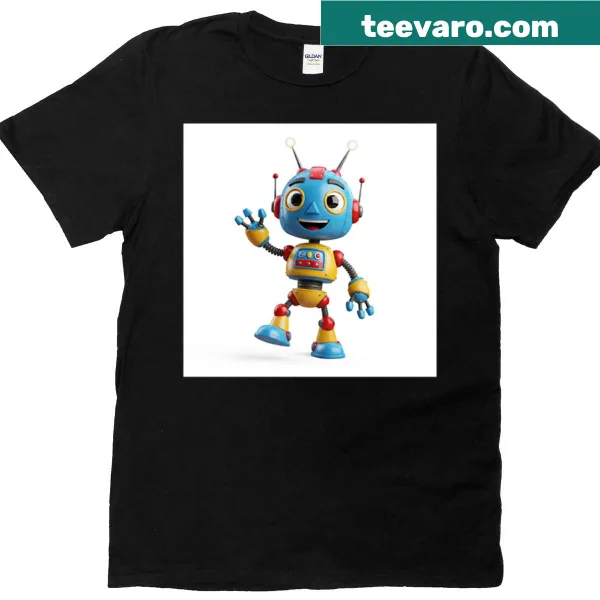 Cheerful cartoon cog-bot graphic on a t-shirt