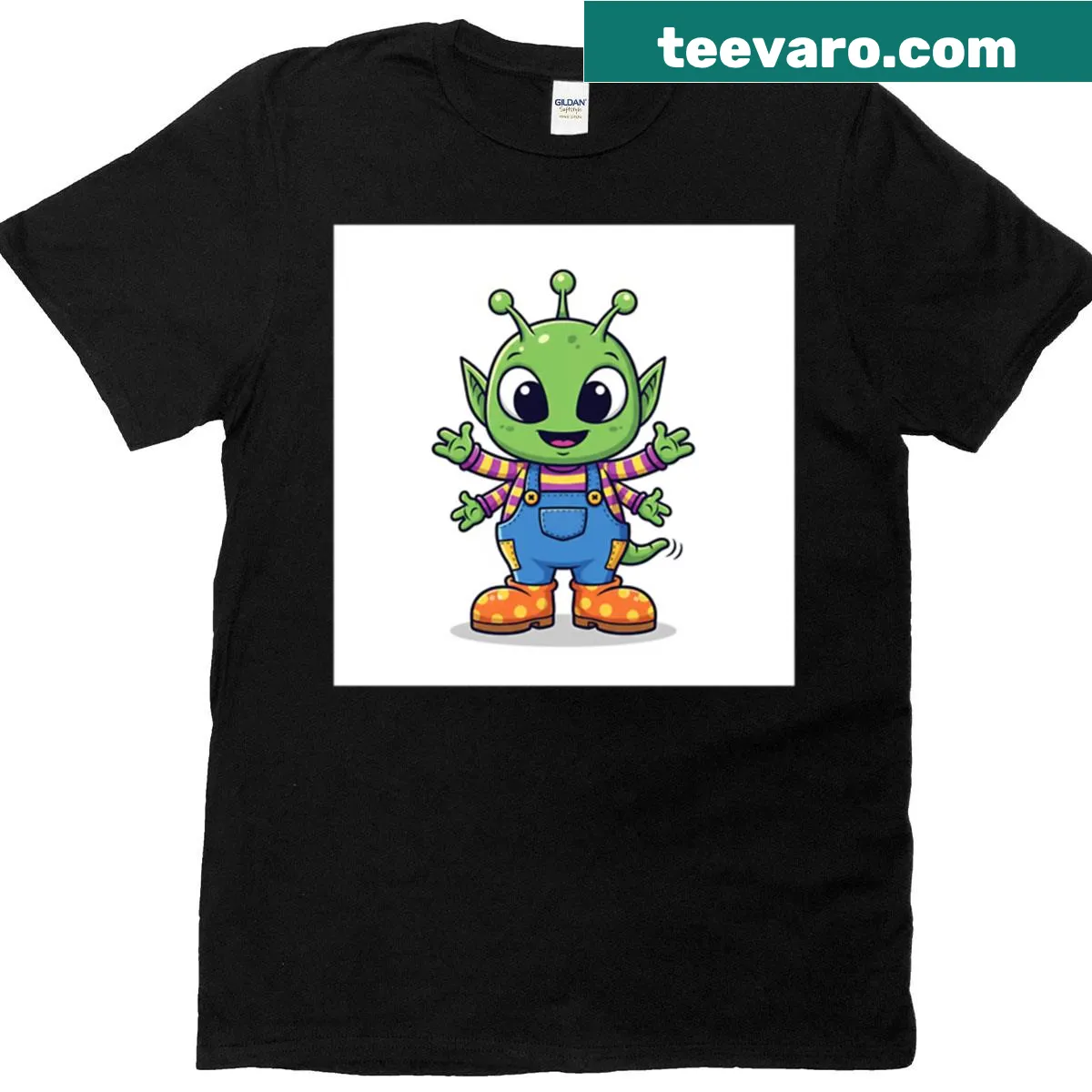 Illustrative T-shirt featuring a playful four-armed alien design — on a men's t-shirt
