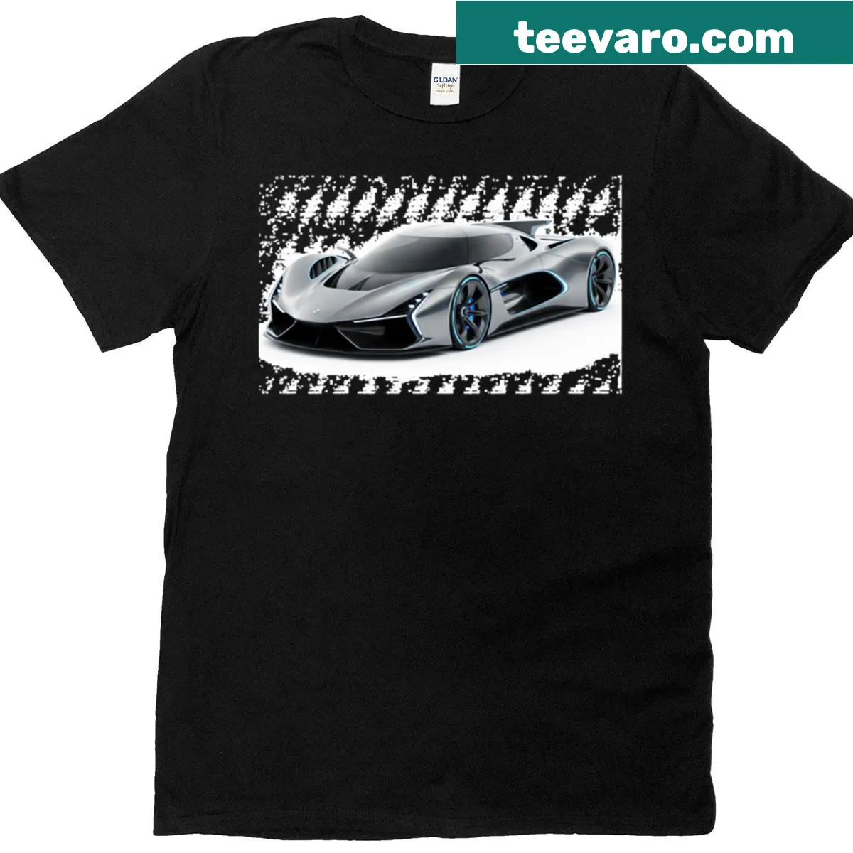 Futuristic typography t-shirt with iridescent velocity design — on a men's t-shirt