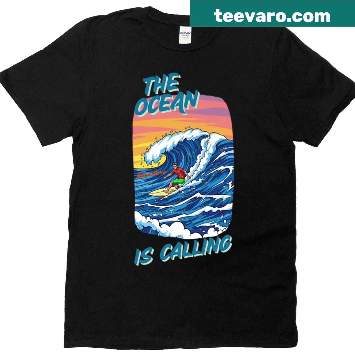 Surf adventure graphic T-shirt with ocean scene — on a men's t-shirt