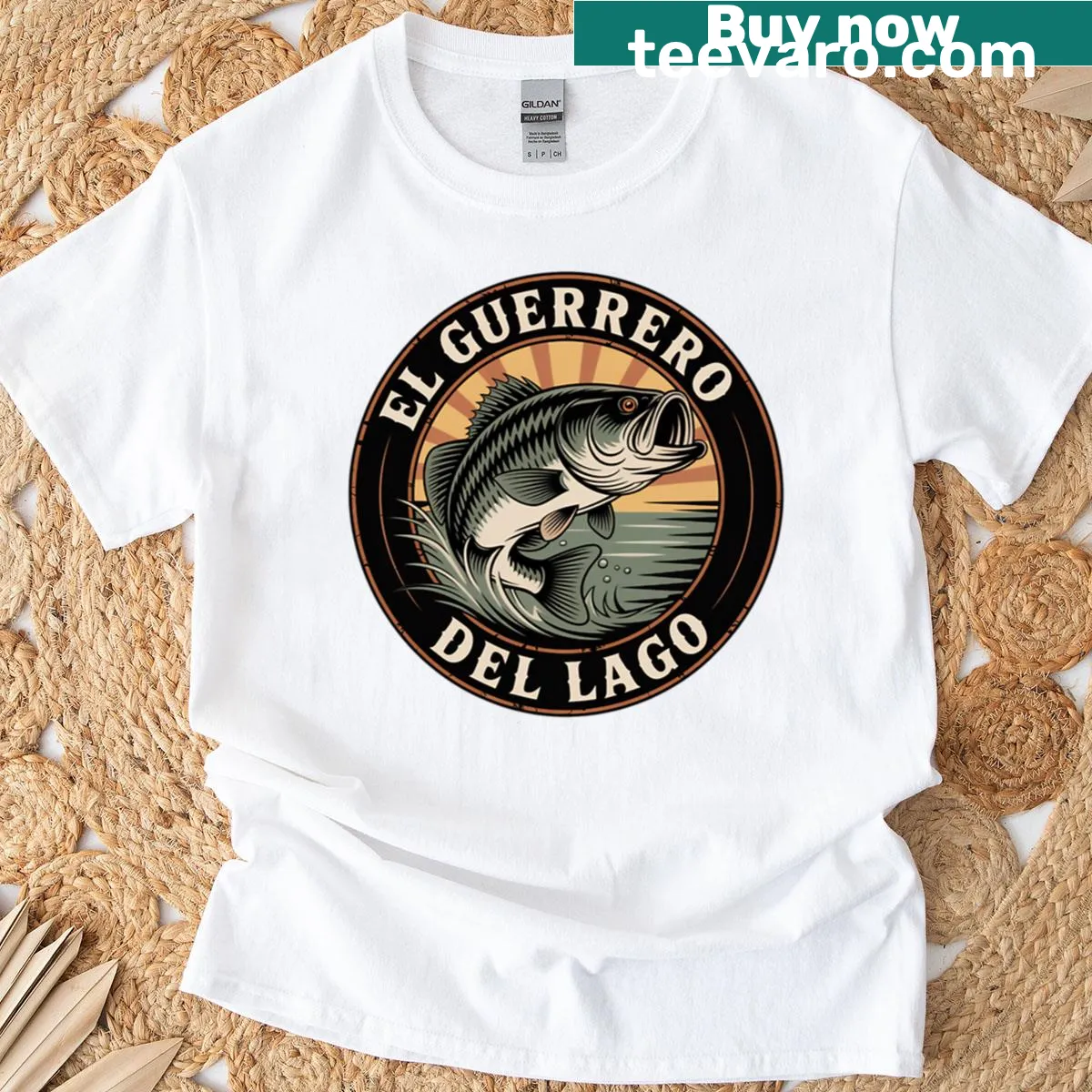 Illustration of a black bass at dawn on a T-shirt — on a men's t-shirt