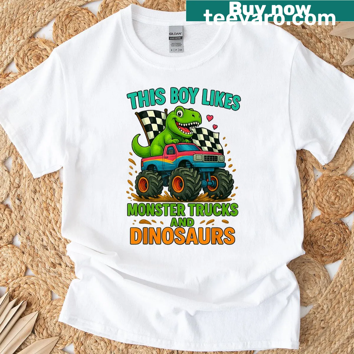 Cute T-rex driving a monster truck design on a T-shirt — on a men's t-shirt