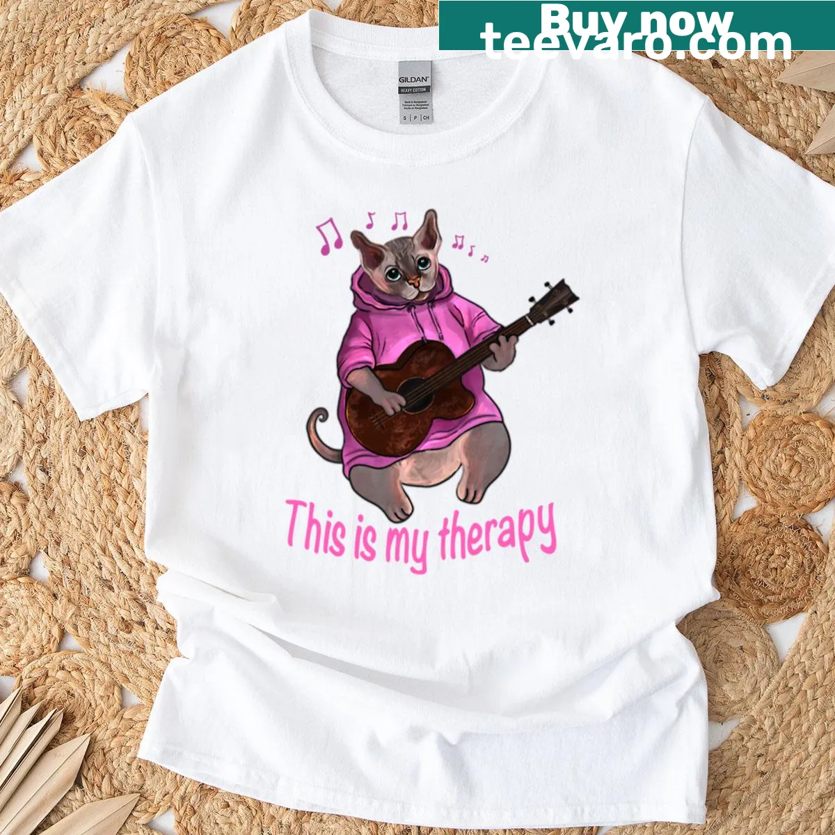 Bald cat with ukulele design on T-shirt — on a men's t-shirt