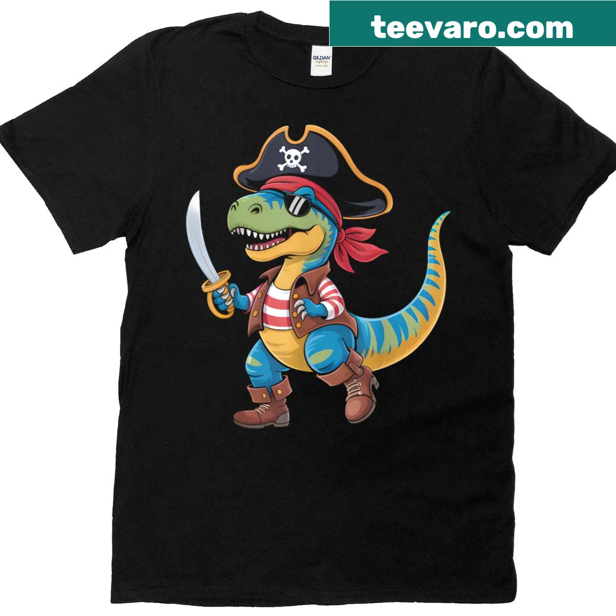 Funny toddler T-shirt with a cartoon pirate dinosaur T-Rex graphic — on a men's t-shirt