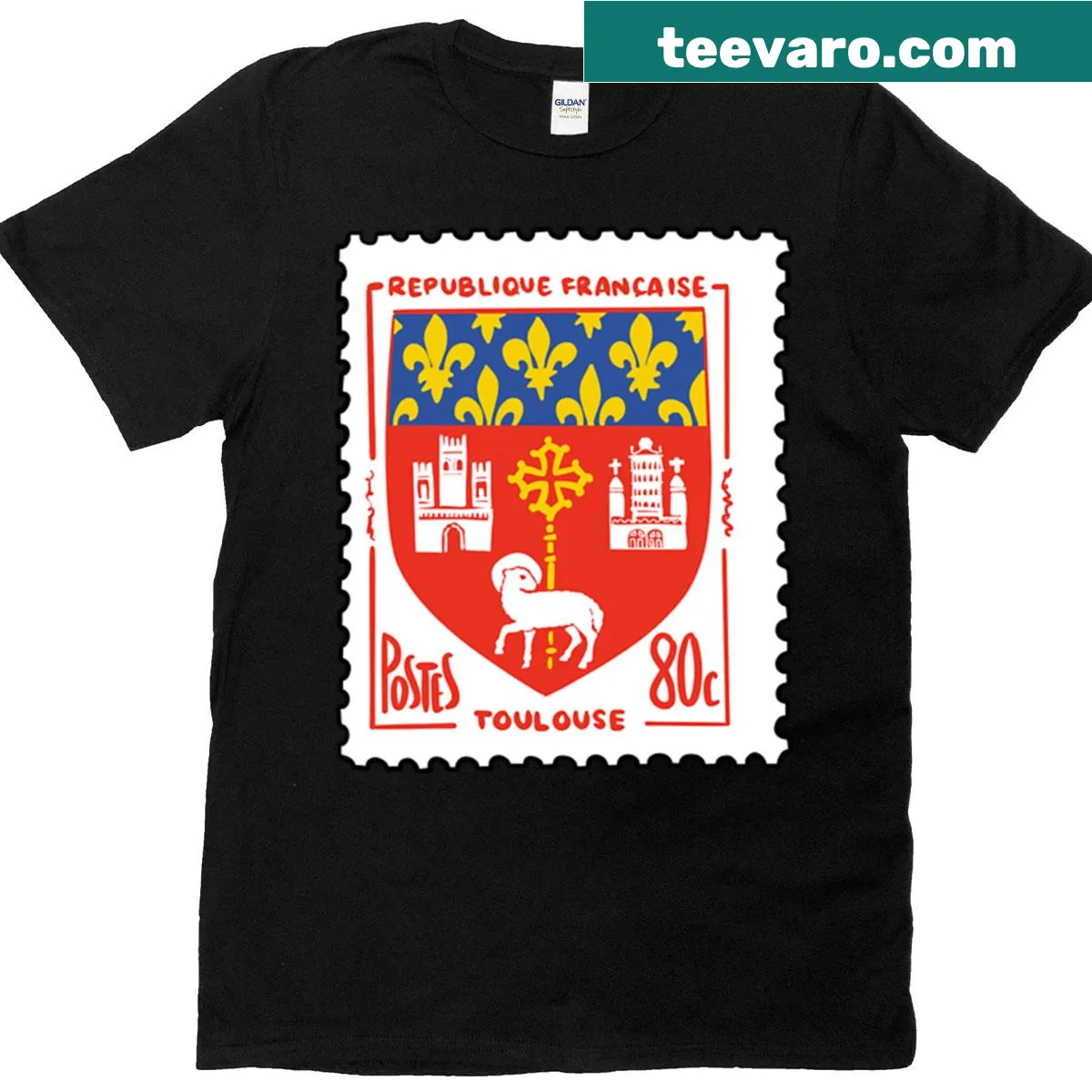 Postage stamp design featuring Toulouse landmarks on a T-shirt — on a men's t-shirt