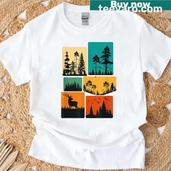 Vintage forest-themed T-shirt with trees and wildlife design