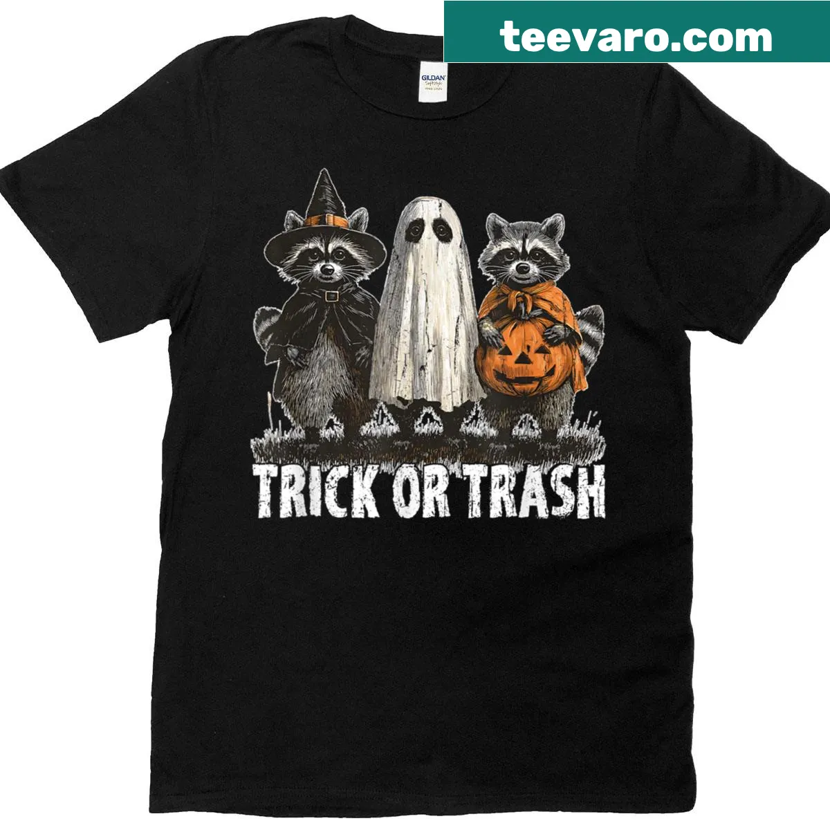 Funny Halloween T-shirt featuring a cartoon raccoon graphic — on a men's t-shirt