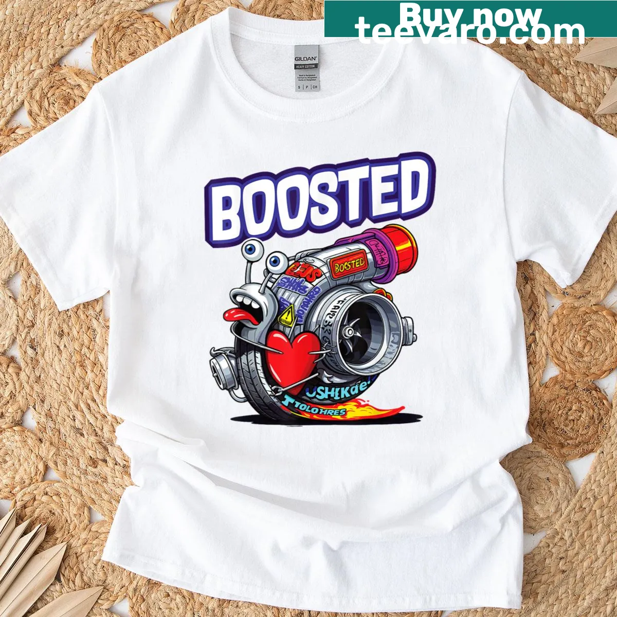 Funny turbocharger snail design T-shirt for car lovers — on a men's t-shirt