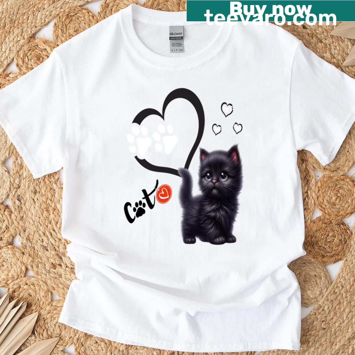 Illustration of a cute black kitten on a T-shirt — on a men's t-shirt