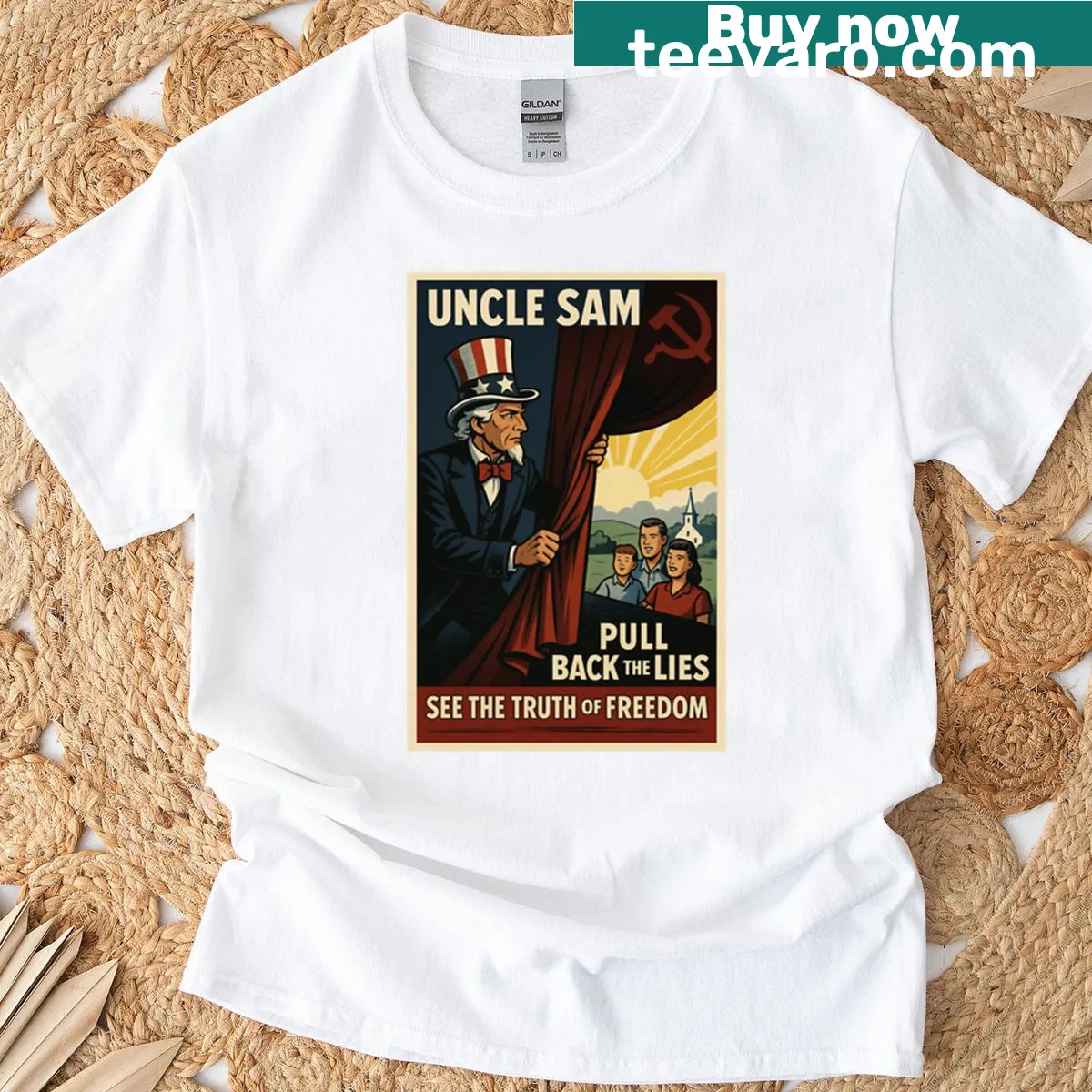 Cold War-themed graphic featuring Uncle Sam on a t-shirt — on a men's t-shirt
