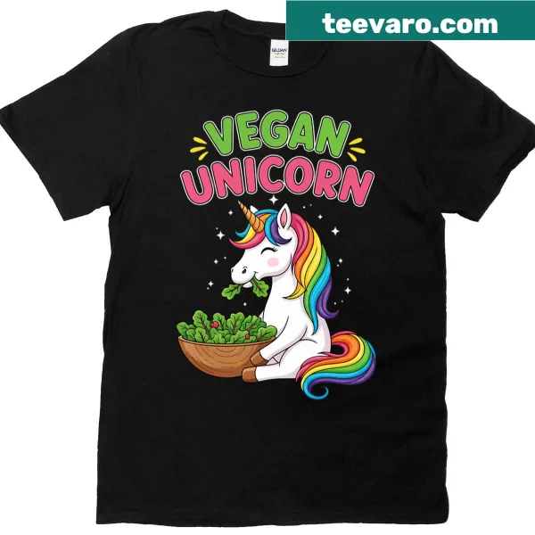 Whimsical cartoon unicorn design on a vegan t-shirt