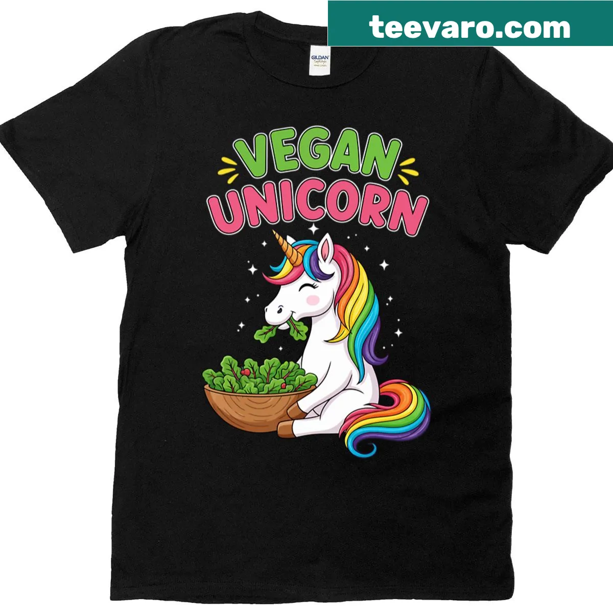 Whimsical cartoon unicorn design on a vegan t-shirt — on a men's t-shirt