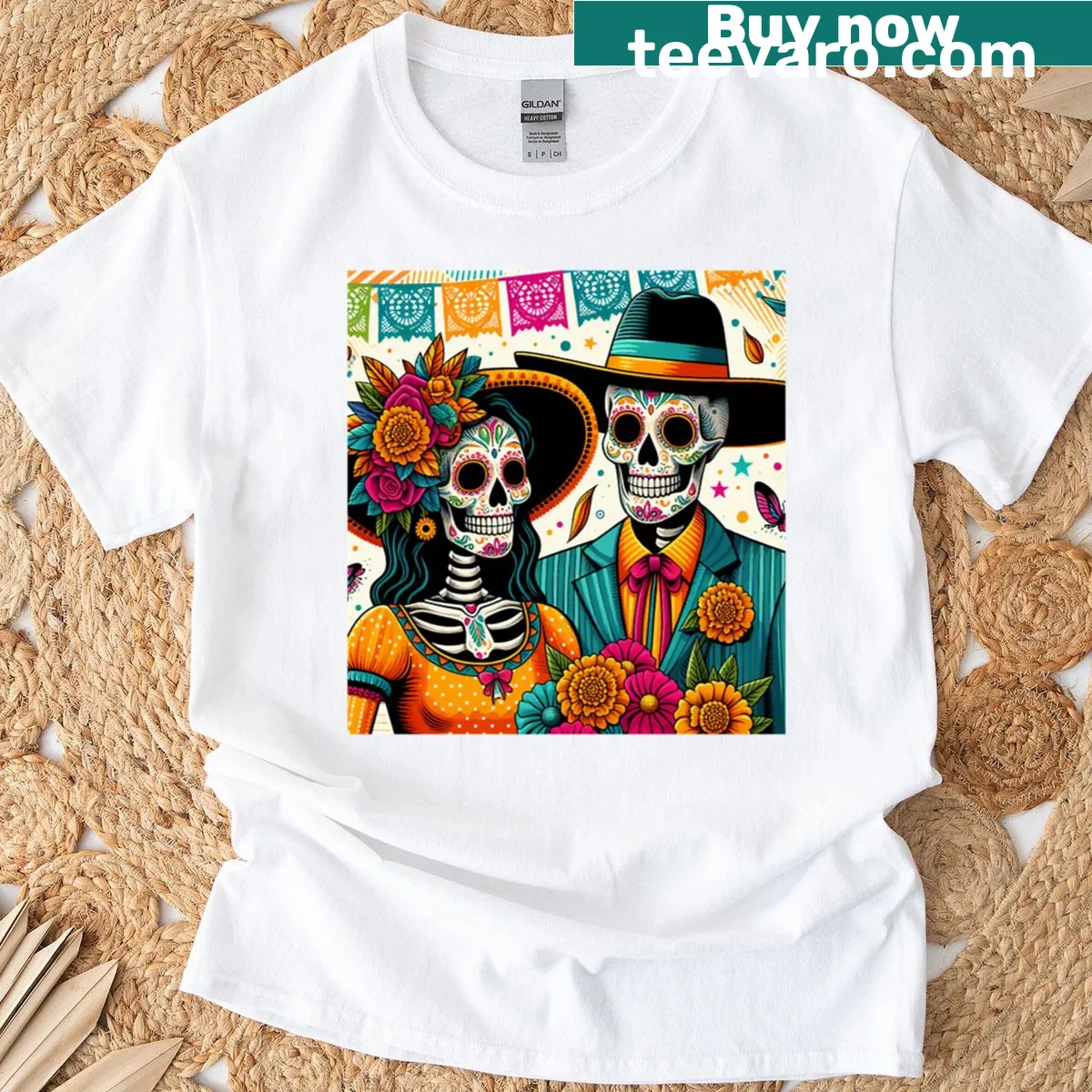 Skeleton couple illustration for Day of the Dead T-shirt — on a men's t-shirt