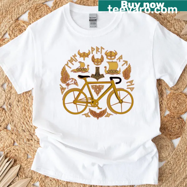 Viking riding a bicycle in a Norse mythology themed design