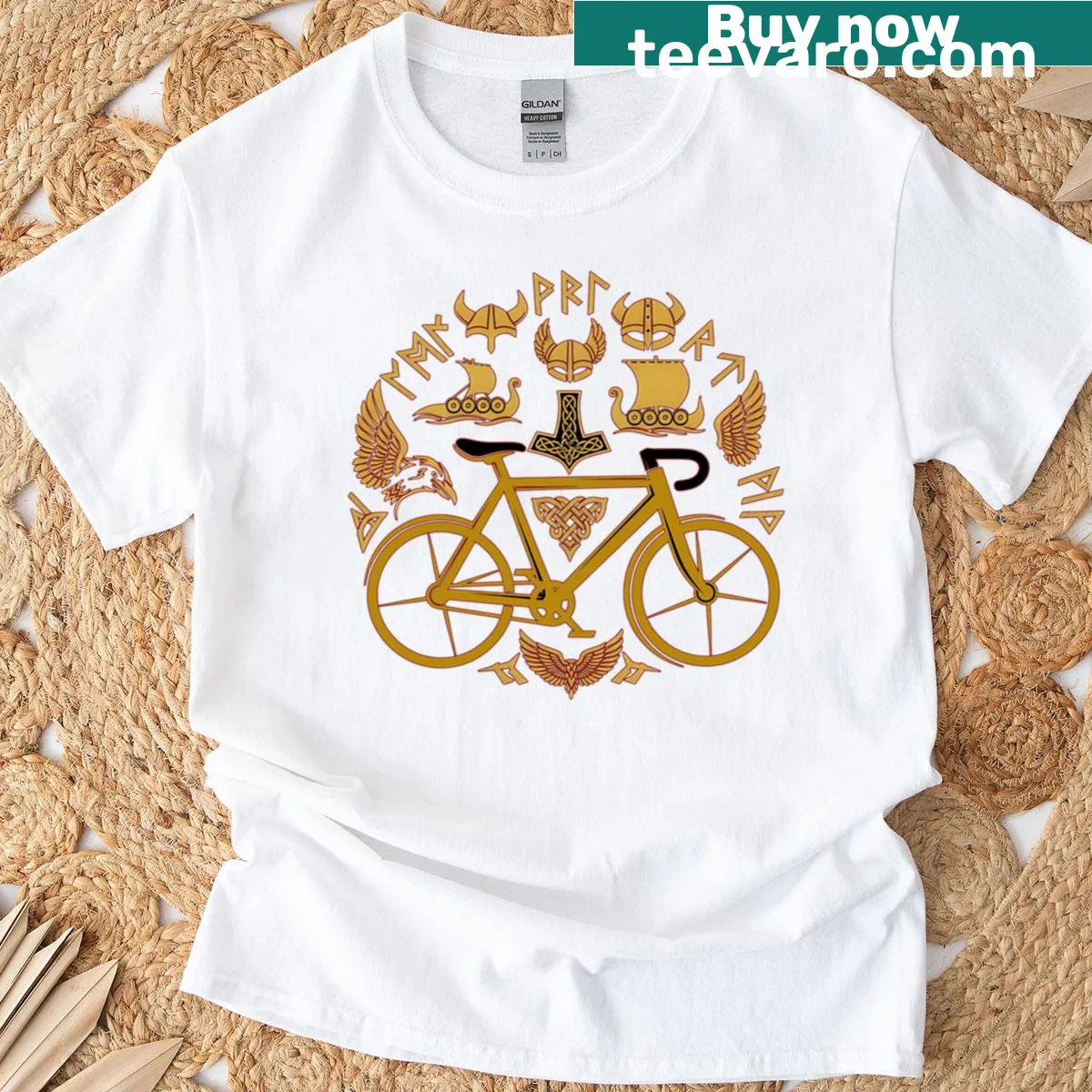 Viking riding a bicycle in a Norse mythology themed design — on a men's t-shirt