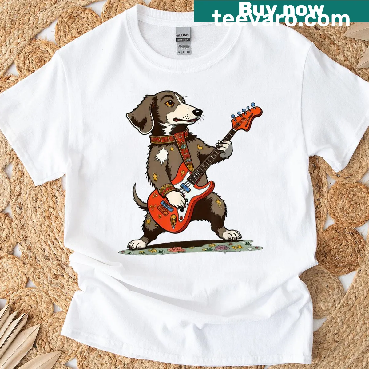 Vintage-style dachshund playing guitar graphic on a t-shirt — on a men's t-shirt