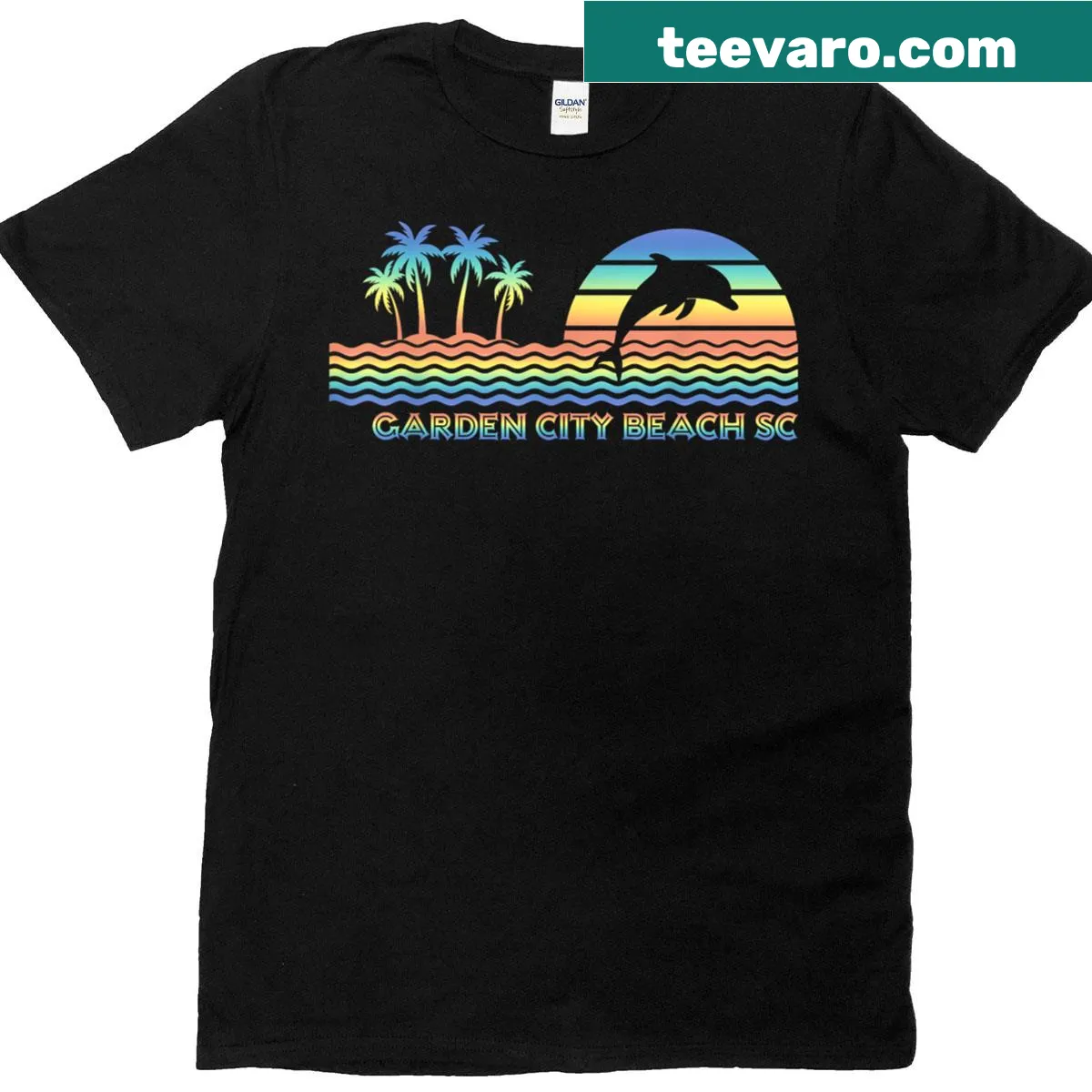 Vintage-style T-shirt featuring a dolphin graphic and Garden City Beach theme. — on a men's t-shirt
